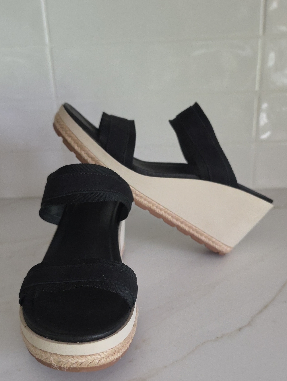 Merrell Black Wedge Sandals with Cream Platform Size 8